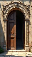 Obraz premium A grand entryway with an ornate wooden door and carved stone arch.