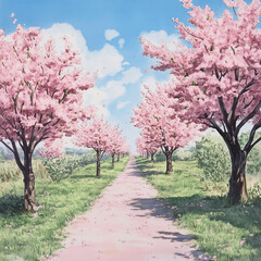 Beautiful view of a street with blooming cherry trees in spring