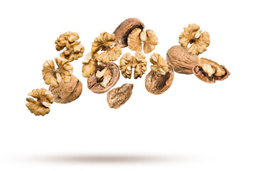 Shelled walnuts floating on white background.