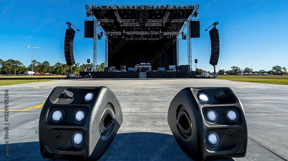 Poster a stage setup with large speakers in the foreground, ready for a live event under a clear blue sky.