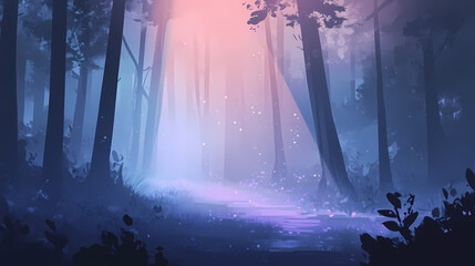 Obraz premium Enchanted forest bathed in soft morning light with whispering trees shrouded in mist creating a mystical and serene atmosphere. Whispering Light. Illustration
