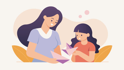 Obraz premium Happy Mother's Day! A heartwarming flat color illustration of a mother and daughter joyfully crafting together, embracing the fun of modern paper art. Perfect for greeting cards, 
