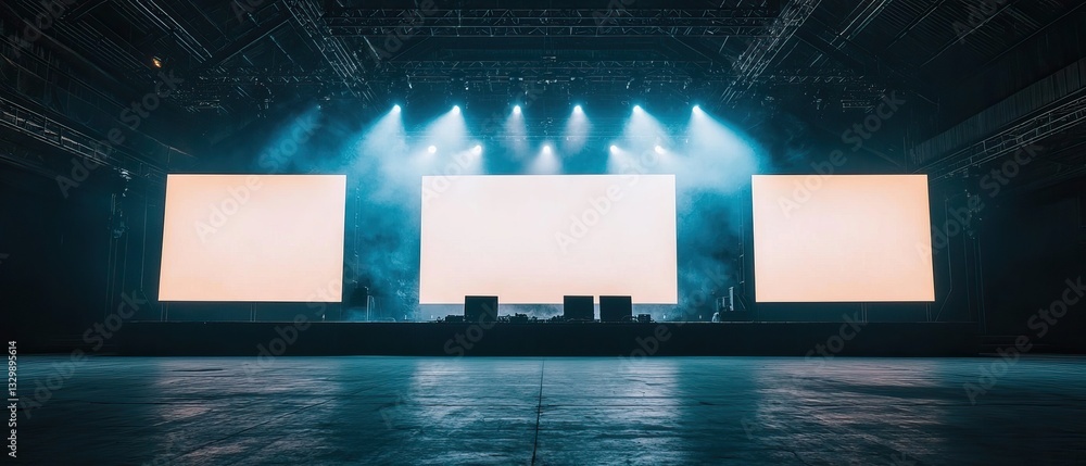 Poster a large, dimly lit stage set with multiple empty screens and focused lighting, ready for an event or