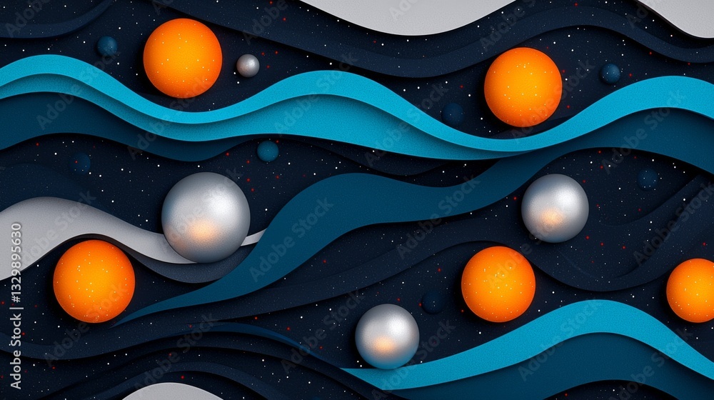 Poster close-up of interconnected molecular structures represented by a pattern of orange eggs in an intric