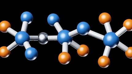 Close-up of interconnected molecular structures featuring a molecule with orange and blue spheres in a detailed view