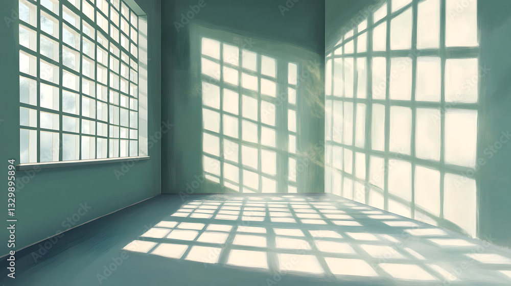 Poster bright and inviting minimalist room with grid aesthetics enhanced by natural sunlight streaming thro