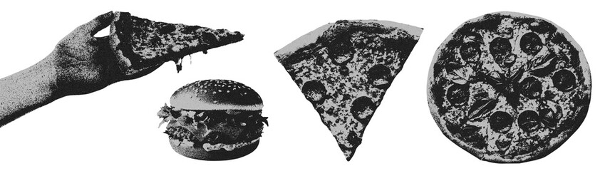 Set of photocopy fast food. Collage monochrome hand holding slice of pizza. Junk food burger