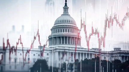 image features stock market graph overlaying U.S. Capitol building, symbolizing intersection of politics and finance