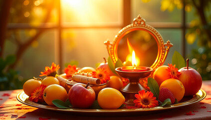 A beautiful Puthandu celebration at home, featuring a grand Vishu Kani setup with a brass plate filled with fresh mangoes, bananas, betel leaves, gold jewelry, a mirror, and a lit kuthu vilakku lamp