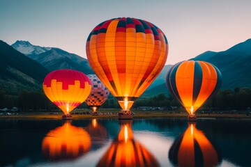 Obraz premium A vibrant aerial view of a colorful hot air balloon festival, with balloons of various shapes and sizes floating above a sprawling countryside