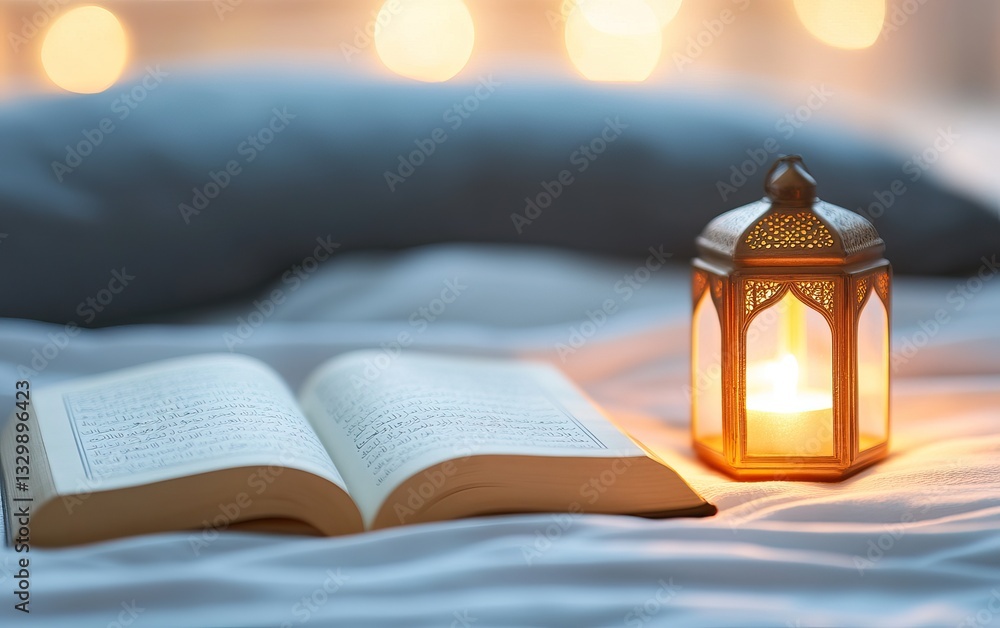 Poster a serene scene featuring an open book and a glowing lantern on a bed, creating a cozy and inviting a