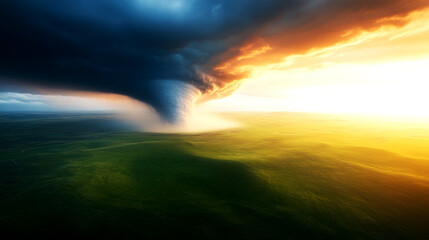 Fototapeta premium Severe Weather Forecast Dynamic Storm Formation Over Lush Landscape at Sunset Captivating Aerial View of Nature's Power