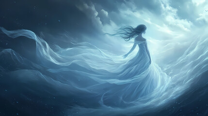 Gentle blue wisps swirl ethereal dance on whispering wind, wisps, dance. Whispering Light. Illustration