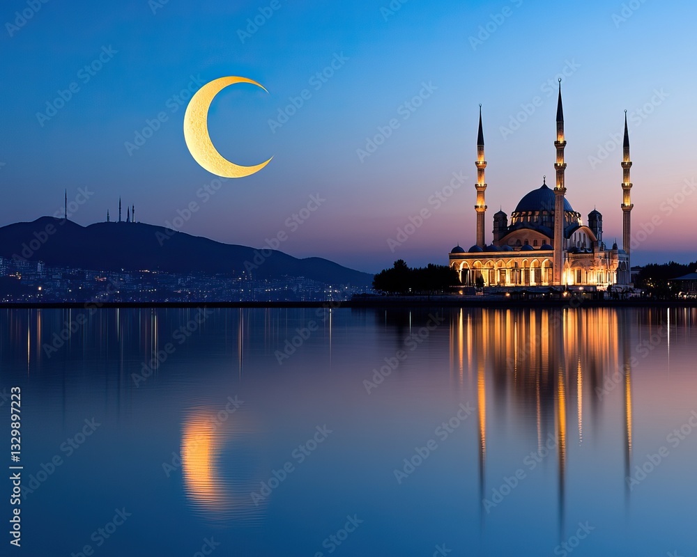 Poster a serene twilight view of a mosque with a crescent moon reflected in calm waters, showcasing a blend