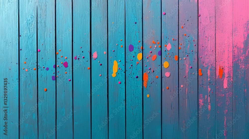 Leinwandbilder blue wooden background with splatters of paint in various colors. the splatters are arranged in a wa