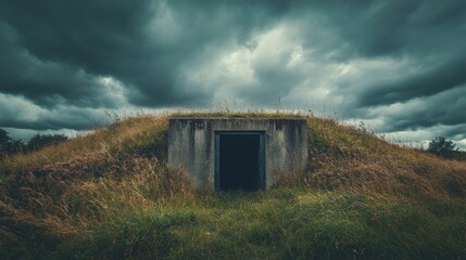 Concrete bunker entrance hidden in tall grass under a stormy sky. Ideal for mystery, suspense, or survival themes.