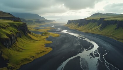 Dramatic Landscape with River Valley and Cliffs under Cloudy Sky