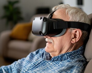 An elderly man enjoys virtual reality, wearing a headset, engaged in immersive technology while seated comfortably in a cozy environment.