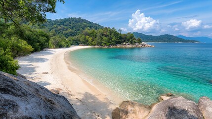 Obraz premium Stunning Tropical Beach with Azure Waters and Lush Greenery on Sunny Paradise Island