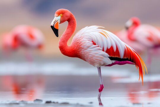 A vivid image of a vibrant flamingo flock standing in shallow water, their reflections shimmering below them