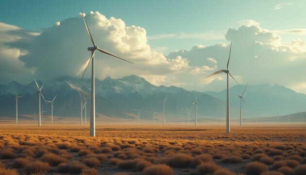 Wind Turbines in a vast open landscape with snowy mountains on the horizon under a partly cloudy sky create a scene of renewable energy