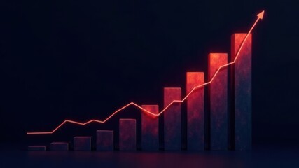 glowing red line graph trending upward over series of illuminated bars against dark background. business growth and success theme. finance, data visualization, presentation, infographics.