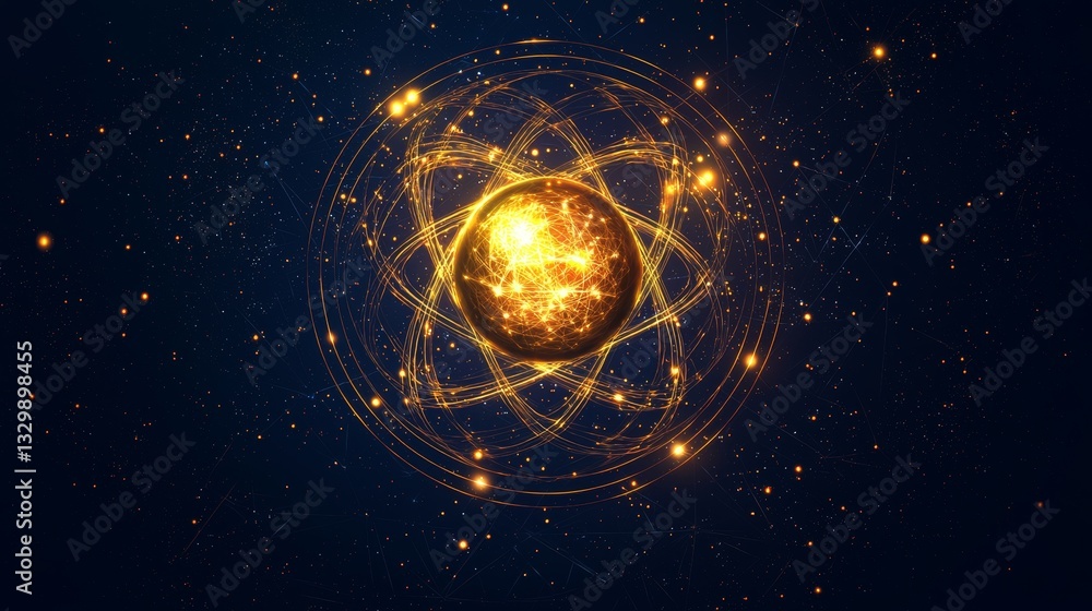 Poster retro-styled atomic illustration featuring a golden sphere surrounded by multiple colorful circles i