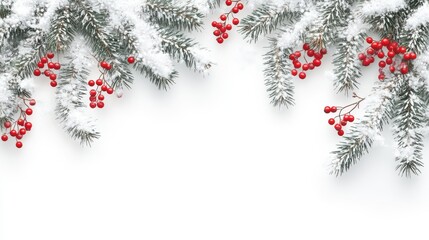 Christmas top border with snow-covered fir branches and red berries on a white background christmas accessories accessory.