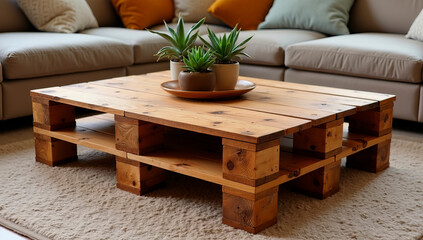 A beautifully upcycled wooden pallet transformed into a rustic coffee table, featuring a smooth polished surface, hidden storage compartments, and decorative plants on top