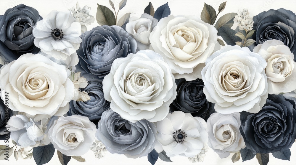 Poster bouquet of white and blue roses. the flowers are arranged in a row, with some of them overlapping ea