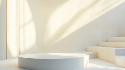 Fototapeta premium Minimalist White Platform Display With Soft Sunlight Shadows