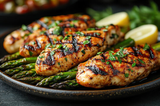 Grilled chicken breasts with asparagus and lemon, served on a white plate, creating a colorful and appetizing dish.