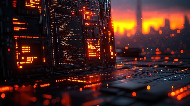 Futuristic server panel glowing with digital code
