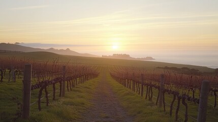 Obraz premium Serene Sunset over Vineyard Rows at Golden Hour
