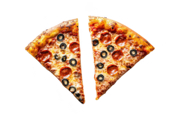 Two Pizza Slices with Pepperoni and Olives on Black Background, Fast Food Theme