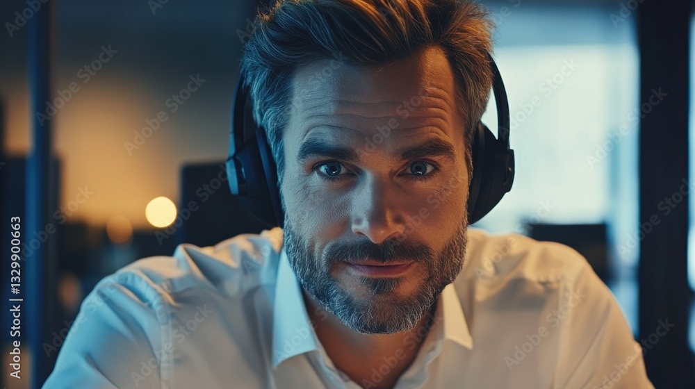 Poster call center agent with headset working on support hotline in modern office with copy space. portrait