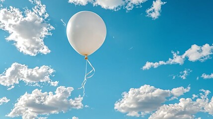 White Balloon Floating Against a Bright Blue Sky with Fluffy Clouds and Sunshine