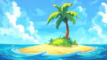 Tropical Island Paradise Palm Tree on Sandy Shore Azure Ocean Fluffy Clouds