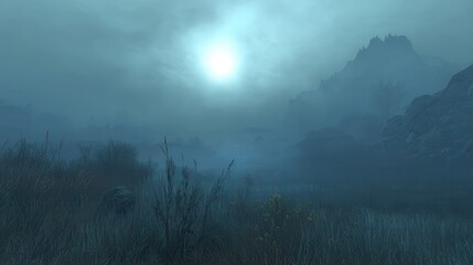 Fototapeta premium Mysterious Foggy Landscape with Distant Mountains and Pale Sun