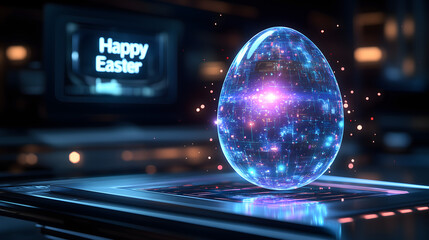 Cosmic Egg: A radiant holographic egg displaying a stunning celestial panorama, with a "Happy Easter" greeting, placed on a futuristic tech platform, blending technology and celebration.