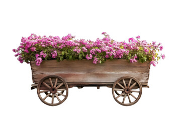 Wooden Cart Carries Pink Flowers, Rustic Charm with Blooms. Garden Decor