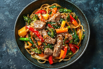 Beef and vegetables stir-fried in light sauce, sizzling in a hot wok over a fiery stove.