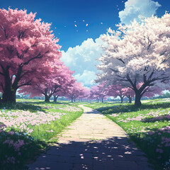 Beautiful view of a street with blooming cherry trees in spring