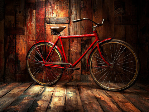 Red vintage bicycle leans against rustic wooden wall