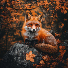 Red fox resting on autumnal rock, surrounded by fallen leaves