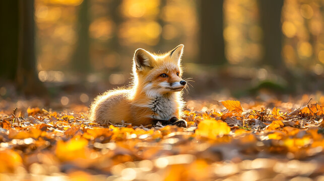 Red fox resting in autumn leaves, bathed in golden sunlight
