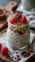 Chia Seed Pudding with Raspberries and Chocolate - Healthy Dessert in Glass Jar with Granola Topping