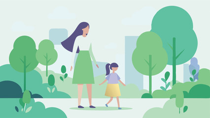 Serene Mother's Day Morning: A heartwarming flat color illustration of a mother and daughter enjoying a peaceful walk together, symbolizing love, bonding, and the joy of           