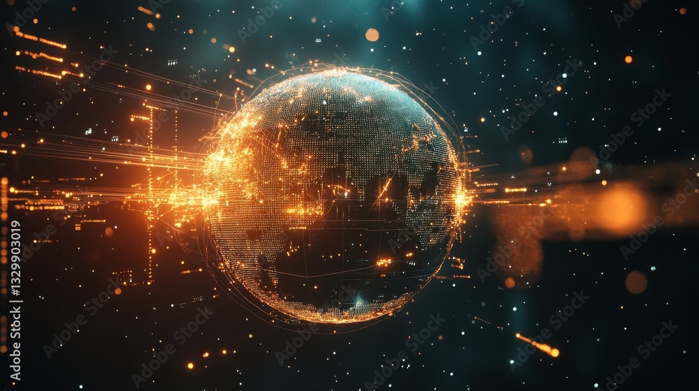 Poster glowing distribution lines illuminate a gigapixel globe global network visualization digital art cyb