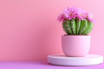 Obraz premium photo of a cactus against an empty peach-colored wall, styled in pink and green for contrast